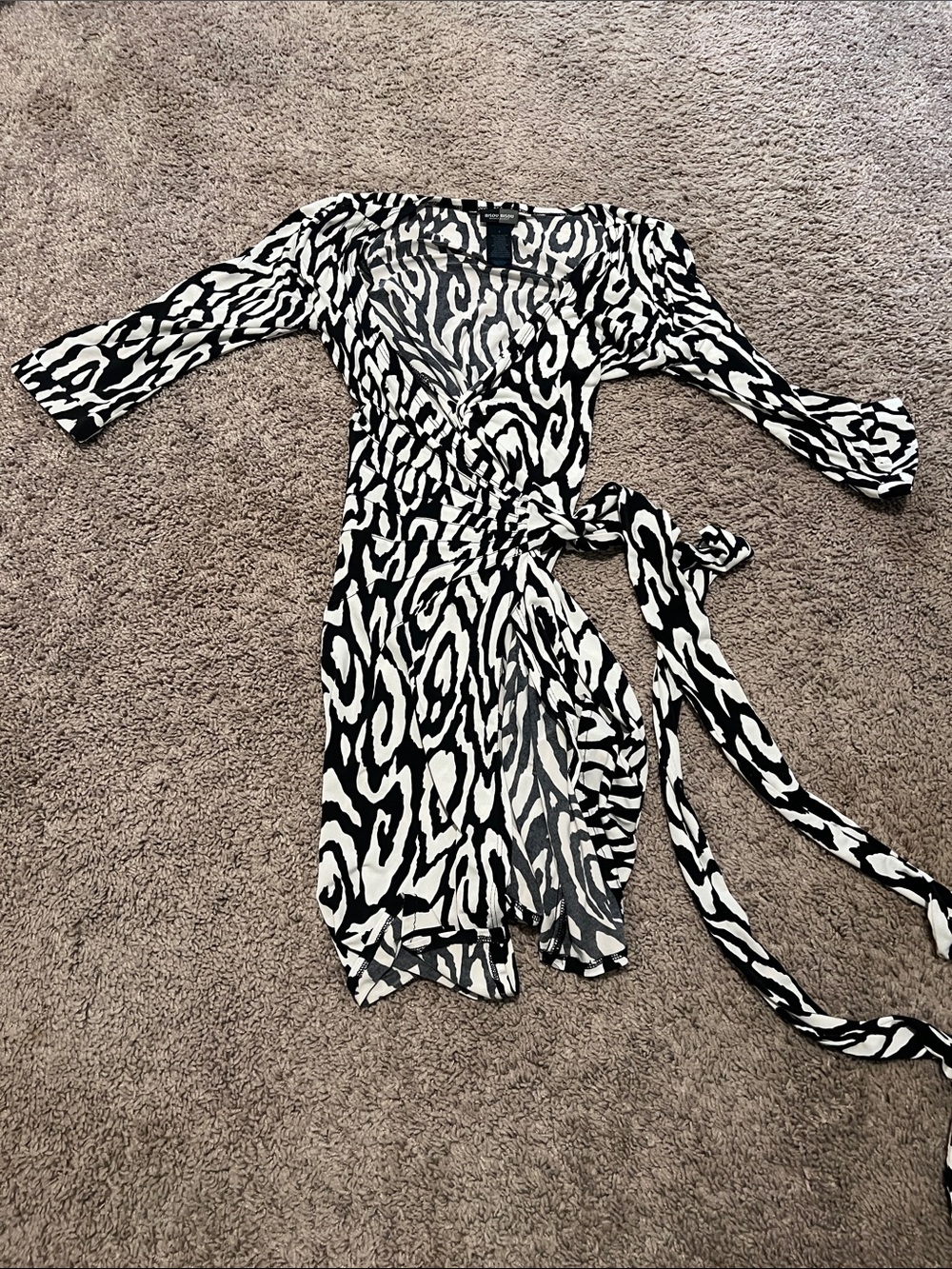 Bisou Bisou Black and White Animal Print Wrap Dress with side rouching
